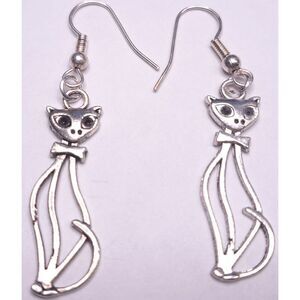 Hollow‎ Sophisticat Tall Cat Earrings Ear Rings Silvertone Kitty Kitten Sitting